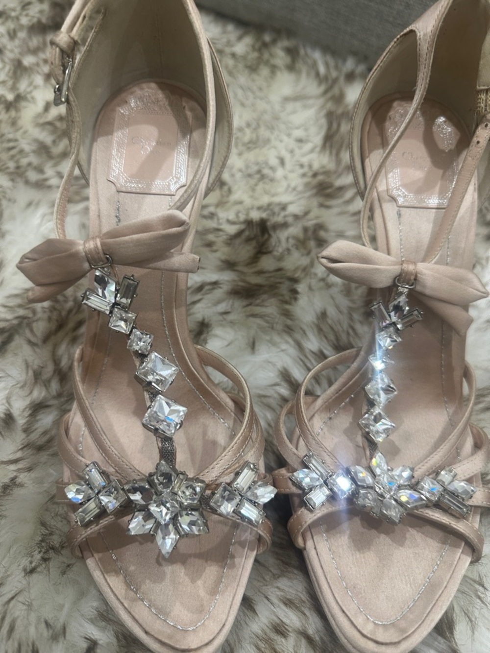 Dior Blush Pink Crystal T-Strap Sandals with Bow